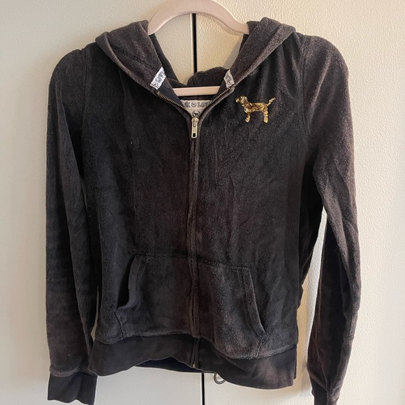 PINK Victoria’s Secret Gold Sequin Bling Black Velour Zip-Up - Picture 5 of 11